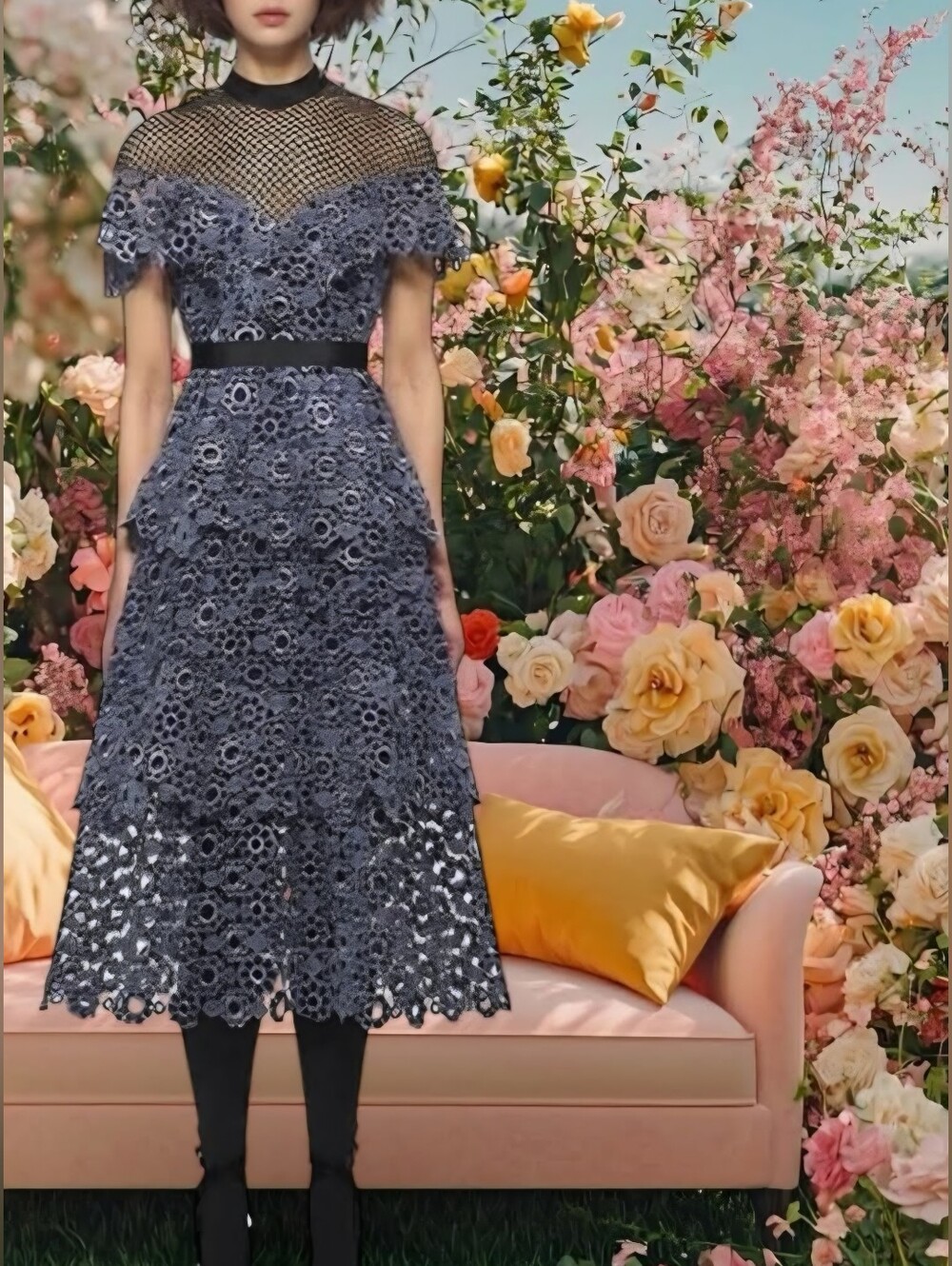 NWT Self-Portrait Sweetheart Yoke Frill Lace Midi Dress Slate Blue - Picture 2 of 16